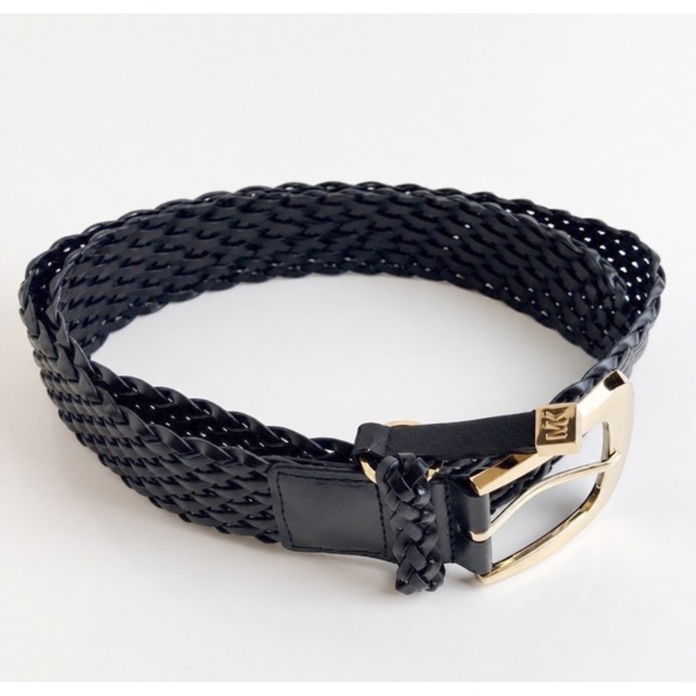 Michael Kors Black Braided Leather Belt Gold Buckle Wide Woven Preppy Chic 47-20